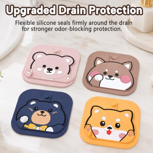 2Pack Square Shower Drain Hair Catcher for Bathtub and Shower | Khaki thick silicone, cartoon animal design, reusable hair stopper for floor drains, kitchen laundry room utility use - color: Khaki