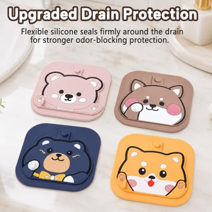 2Pack Square Shower Drain Hair Catcher for Bathtub and Shower | Khaki thick silicone, cartoon animal design, reusable hair stopper for floor drains, kitchen laundry room utility use - color: Khaki