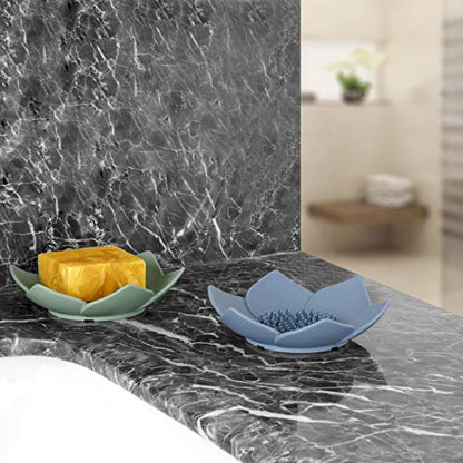 3 Pack Soap Dish Holder, Bar Soap Tray with Drain, Lotus Silicone Soap Saver Case for Shower Bathroom (Blue, Green, Grey) - color: Blue, Green, Grey