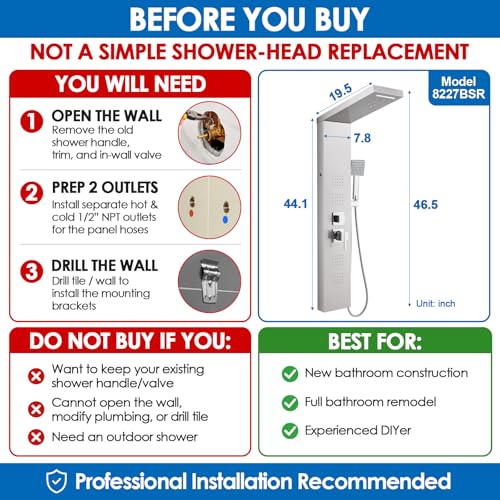 ROVOGO LED Shower Panel Tower System with Lights, 5 Shower Modes, 46.5 Inch | Rainfall Waterfall Shower Head, 4 Body Jets, Handheld and Tub Spout, Stainless Steel Shower Column with Brass Valves, Brushed - color: Brushed-4 jets
