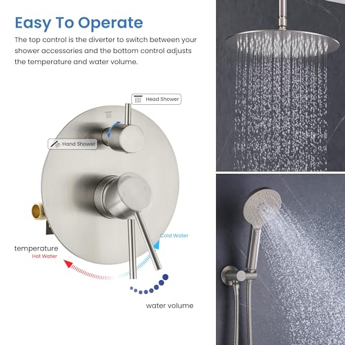 Circular Ceiling Mounted Shower System with 2-Function Faucet Set | Solid Brass Pressure Balanced Valve | Anti-Scald Design for Reliable Water Temperature Control (Brushed Nickel Finish, KSF408) - color: Brushed Nickel