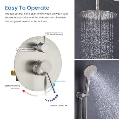 Circular Ceiling Mounted Shower System with 2-Function Faucet Set | Solid Brass Pressure Balanced Valve | Anti-Scald Design for Reliable Water Temperature Control (Brushed Nickel Finish, KSF408) - color: Brushed Nickel