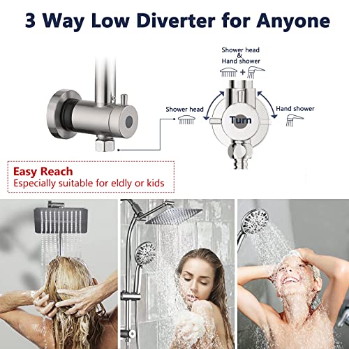 Rainfall 8 Inch Shower Head with High Pressure Handheld Spray Combo, Drill-Free Slide Bar with Adjustable Shower Extension Arm, 3-Way Low Diverter for Easy Reach, 5Ft Hose- Brushed Nickel - color: Brushed Nickel