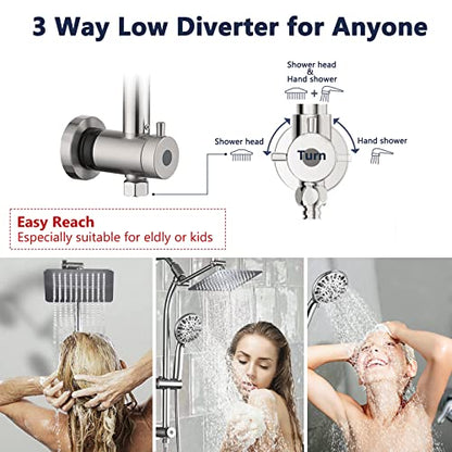 Rainfall 8 Inch Shower Head with High Pressure Handheld Spray Combo, Drill-Free Slide Bar with Adjustable Shower Extension Arm, 3-Way Low Diverter for Easy Reach, 5Ft Hose- Brushed Nickel - color: Brushed Nickel
