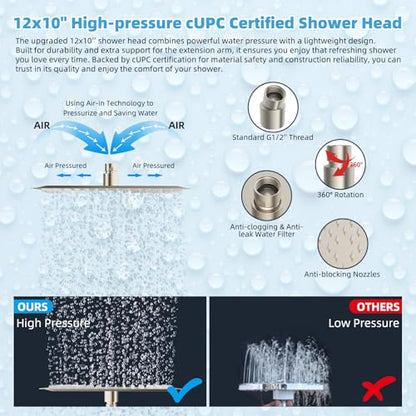Hibbent All Metal CUPC Certified 12'' Rainfall Shower Head, Dual Shower Head Combo, High Pressure Handheld 4 Sprays Shower Wand, 16'' Adjustable Extension Arm, 71'' Hose, Shower Holder, Brushed Nickel - color: Brushed Nickel, style: Square 12''