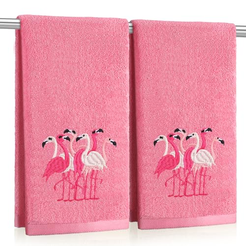 SmoothNovelty 2 Pcs Flamingo Hand Towels Hot Pink Bathroom Decor 14x29 Inch Embroidered 100% Cotton Soft Absorbent Spring Summer Decorative Hand Towels for Bathroom Kitchen - style: Flamingo