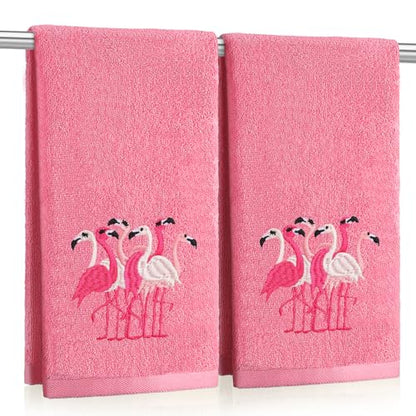 SmoothNovelty 2 Pcs Flamingo Hand Towels Hot Pink Bathroom Decor 14x29 Inch Embroidered 100% Cotton Soft Absorbent Spring Summer Decorative Hand Towels for Bathroom Kitchen - style: Flamingo