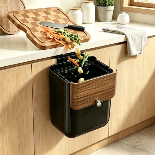 Large 3.2 Gallon Compost Bin, Under Sink Trash Can with Lid, Hanging Waste Cabinet for Office Kitchen Cupboard Bathroom Bedroom, Black - color: Black
