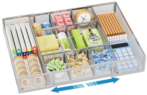 Marbrasse Expandable Desk Drawer Organizer, Mesh Tray with 10 Adjustable Compartments, Desk Organizers for Office Supplies, Makeup & Vanity (Expandable-Silver) - color: Expandable-Silver