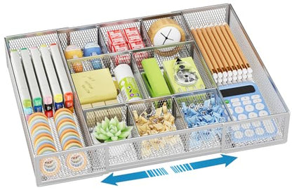 Marbrasse Expandable Desk Drawer Organizer, Mesh Tray with 10 Adjustable Compartments, Desk Organizers for Office Supplies, Makeup & Vanity (Expandable-Silver) - color: Expandable-Silver
