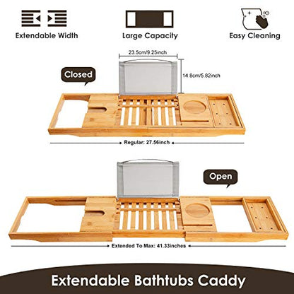 Moclever Bathtub Caddy Trays - Premium Bamboo Bath Trays with Extending Sides, Reading Rack, Tablet Holder, Cell Phone Tray and Luxury Wine Glass Holder - Natural Bamboo Color