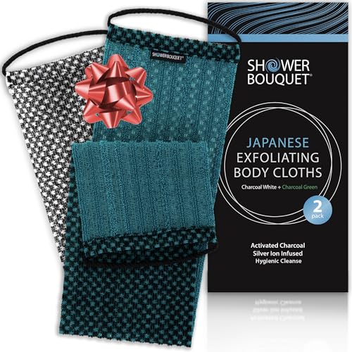 SHOWER BOUQUET Japanese-Exfoliating-Washcloth 2-Pack Charcoal & Silver Ion | Exfoliating Towel & Handles | 2-Sided Gentle Exfoliation & Deep Cleansing Back & Body Wash Cloths for Shower | White + Green - color: Charcoal Green + Charcoal White, size: 1 Cou