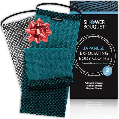 SHOWER BOUQUET Japanese-Exfoliating-Washcloth 2-Pack Charcoal & Silver Ion | Exfoliating Towel & Handles | 2-Sided Gentle Exfoliation & Deep Cleansing Back & Body Wash Cloths for Shower | White + Green - color: Charcoal Green + Charcoal White, size: 1 Cou