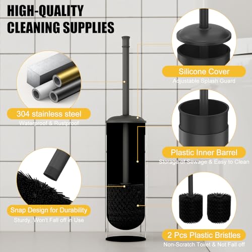 Toilet Brush and Holder, Toilet Cleaner Bowl Set with Two Brush with Extra Long Handle, Durable Bristles Toilet Scrubber and Covered Holder, Drip-Proof Stainless Steel Matte Black - color: Matte Black