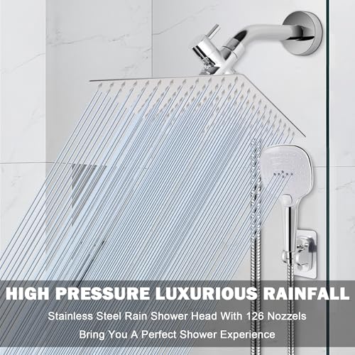 NearMoon Shower Head with Hose, High Pressure Stainless Steel Rain Shower and 3 Settings Handheld Spray Combo with Push Button Flow Control (12 Inch, Chrome Finish) - color: Chrome Finish, size: 12 Inch