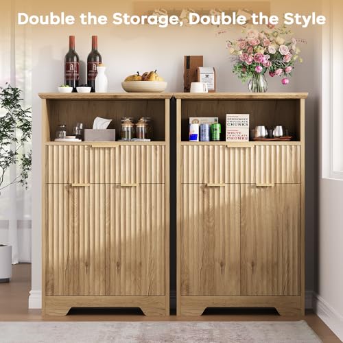 Fluted Buffet Cabinet with Storage, Modern Coffee Bar Cabinet | With Drawer & Adjustable Shelf, Wood Sideboard Cabinet for Kitchen, Bathroom, Entryway and Living Room Natural - color: Natural