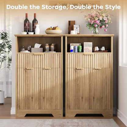 Fluted Buffet Cabinet with Storage, Modern Coffee Bar Cabinet | With Drawer & Adjustable Shelf, Wood Sideboard Cabinet for Kitchen, Bathroom, Entryway and Living Room Natural - color: Natural