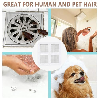 Shower Drain Hair Catcher 30 Pack for Disposable Drain Covers | 4 inch white mesh, bathroom sink strainer, bathtub water filter, waterproof adhesive backing, kitchen laundry plug hole