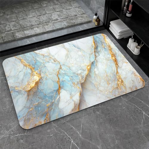 Diatomaceous Earth Bath Mat,Blue, White and Gold Marble Non-Slip Volume Super Absorbent Fast Drying for Bathroom Kitchen Door mat,Eco-Friendly Easy to Clean 20×31Inch (50 * 80cm) - color: Blue, White and Gold Marble, size: 1'8" x 2'8" (Rectangular)