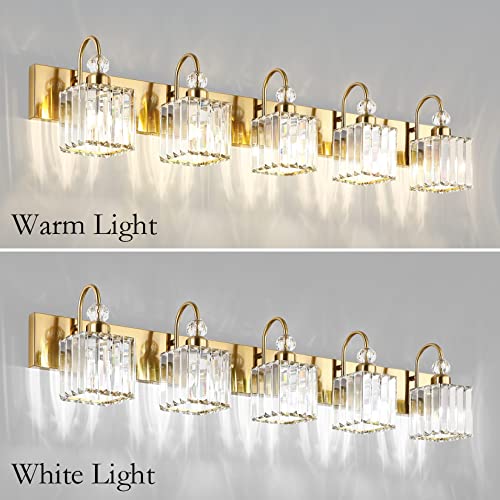 Ralbay Gold Crystal 5-Light Bathroom Vanity Lights Over Mirror Modern Crystal Gold Bathroom Vanity Lighting - color: Square-Gold, size: 5-light
