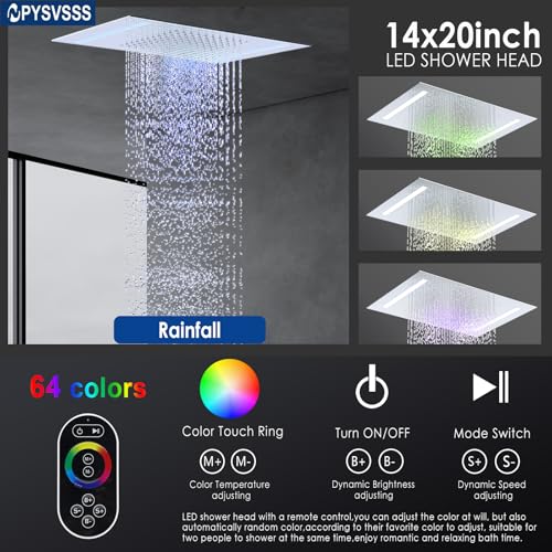 Thermostatic Shower System with 14x20 Inch Ceiling Mount LED Head & 6 Inch Wall Head and Handheld Shower 4 Function Vale with body jets Can All Run Together,Polished Chrome - color: Polished Chrome, style: 14x20 led+6 jets