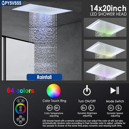 Thermostatic Shower System with 14x20 Inch Ceiling Mount LED Head & 6 Inch Wall Head and Handheld Shower 4 Function Vale with body jets Can All Run Together,Polished Chrome - color: Polished Chrome, style: 14x20 led+6 jets