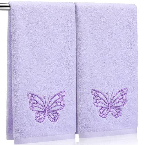 SmoothNovelty 2 Pcs Butterfly Hand Towels Light Purple Bathroom Decor 14x29 Inch Embroidered 100% Cotton Soft Absorbent Spring Summer Washcloths Decorative Hand Towels for Bathroom Kitchen - style: Butterfly