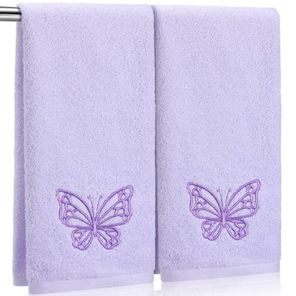 SmoothNovelty 2 Pcs Butterfly Hand Towels Light Purple Bathroom Decor 14x29 Inch Embroidered 100% Cotton Soft Absorbent Spring Summer Washcloths Decorative Hand Towels for Bathroom Kitchen - style: Butterfly