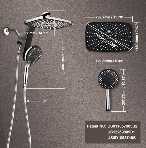 12" High Pressue Rain Shower Head with Handheld, 9 Sprays Hand Showerhead | Shower Heads with Handheld Spray Combo, Dual Head, Built-in Magnetic Docking, Power Jets, 59" Shower Hose, Chrome 1.75GPM - color: Chrome