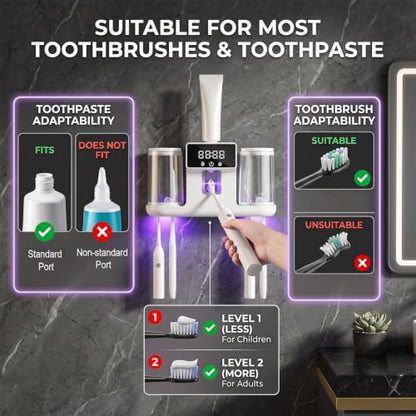 Smart Toothbrush Holder with Automatic Toothpaste Dispenser, Rechargeable Toothbrush Storage Rack with Toothbrush Holder and Mouthwash Cup, Digital Display, Designed for Home Bathrooms (White) - color: White
