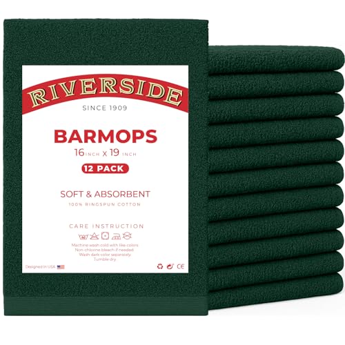 RIVERSIDE Bar Mop Towels Pack of 12, 16x19 Inches, 100% Ring Spun Cotton Terry Cloth Kitchen Towel, Highly Absorbent & Reusable Multipurpose Cleaning Rags for Bathroom, Hotel, Restaurant, Hunter Green - color: Hunter Green, size: Bar Mop (PK 12)