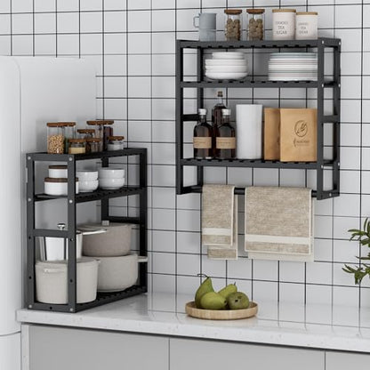 PPN Towel Rack Bathroom Storage Shelves Over The Toilet with Towel Bar 100% Bamboo Adjustable Height Floating Shelf Wall Shower Shelf for Small Space Bathroom Kitchen Multi Usage (Black-1Pack) - color: Black 1pack