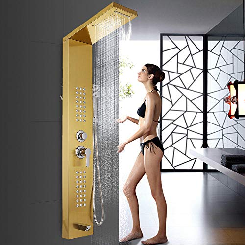 Rainfall Shower Panel Tower Stainless Steel Multi-Function Shower Panel System with Body Massage Jets Tub Resort