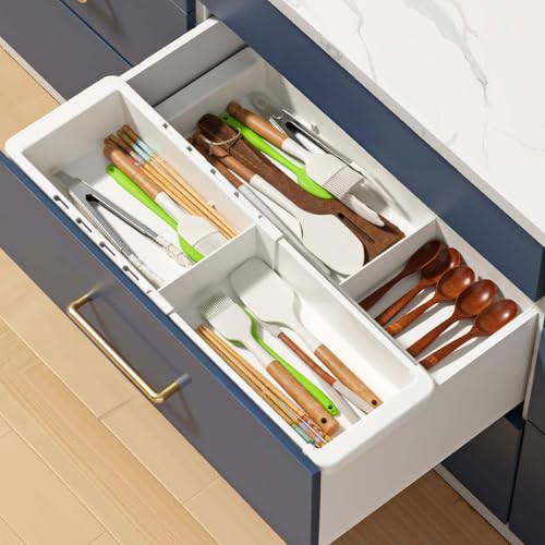 2Pcs Expandable Sliding Drawer Tray with Adjustable Dividers | Plastic Deep Desk Drawer Dividers Organizers Expandable 11.4 to 18.1 Inches For Utensils Office Bathroom Bedroom Kitchen