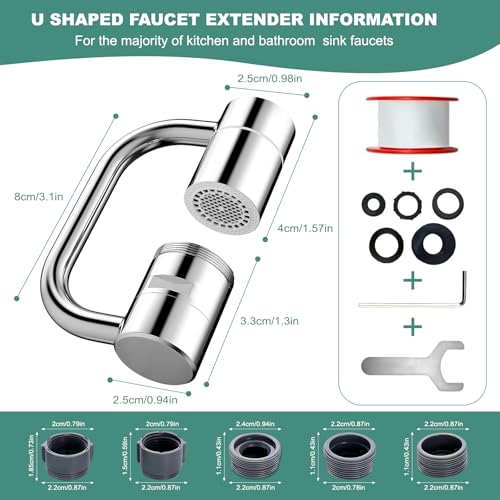 2 PCS 1440° Rotatable Faucet Aerator Extension Silver | 2 Modes Adjustable Water Flow, 1080° Swivel Design, Splash Proof Attachment for Kitchen & Bathroom Sink