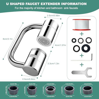 2 PCS 1440° Rotatable Faucet Aerator Extension Silver | 2 Modes Adjustable Water Flow, 1080° Swivel Design, Splash Proof Attachment for Kitchen & Bathroom Sink