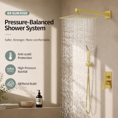 SR SUN RISE Shower Faucets Sets Complete Brushed Gold Square Rain Shower Head with Handheld Spray All Metal Shower Faucet Trim Repair Kits (Contain Shower Valve) - color: Brushed Gold, size: 10 Inch