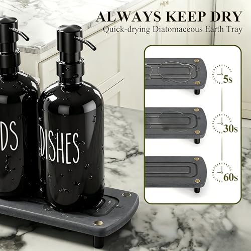 Cisily Black Soap Dispenser Set with Ceramics Sponge Holder, Kitchen Decor | Black Stainless Steel Pumps, Instant Dry Tray - color: Black Pump + Black Sponge Holder