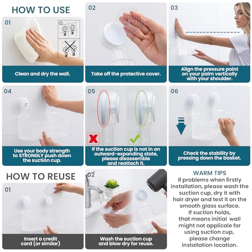 TAILI Shower Caddy Suction Cup, Heavy Duty Bathroom Organizer, Removable Shelves for Inside Shower, Shampoo, Waterproof Suction Plastic Storage for Bathroom Accessories Holder, Frosted Clear - style: 2 × Frosted Clear