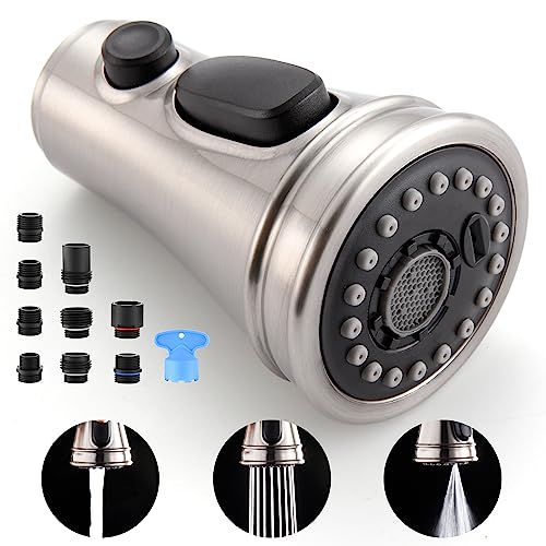 Kitchen Faucet Spray Head Replacement with 15 Adapters, Brushed Nickel | Pull Down Faucet Sprayer Head, 3 Functions Stream/Spray/Blade, Easy to Install, Removable Aerator, for Kitchen Sink Faucet - color: Brushed Nickel