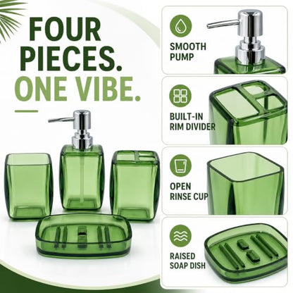 LGURT 4pc Green Acrylic Bathroom Set — Soap Dispenser & Divided Cup | soap dispenser, soap dish, cup & toothbrush cup. Green acrylic, gift-ready for housewarming, hotel, dorm or bath refresh. - color: Fresh Green
