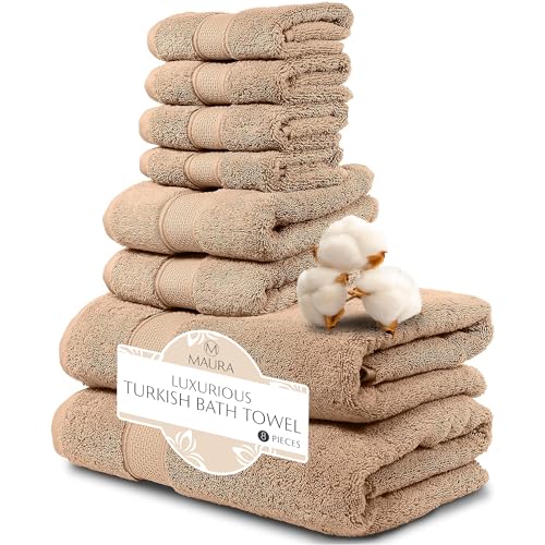 MAURA Biege Bath Towel Set of 8 for Bathroom. Turkish Cotton Luxury Bath Towels. Extra Large, Thick, Plush & Soft. Hotel & Spa Quality - Brown - color: Classic Brown, size: 8-Piece Set (2 Bath, 2 Hand, 4 Washcloth)