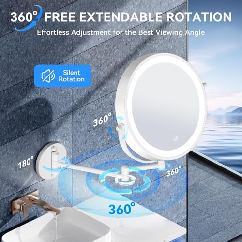Auxmir 9″ 5000mAh 1X/30X Wall Mounted Lighted Magnifying Makeup Mirror | Power Adapter&2 Tweezers Included/ 3 Dimmable Colors/ Dual Sided Button Control/ Rechargeable/ 360° Rotation Extended Arm - color: 9'' 30x-white+adapter