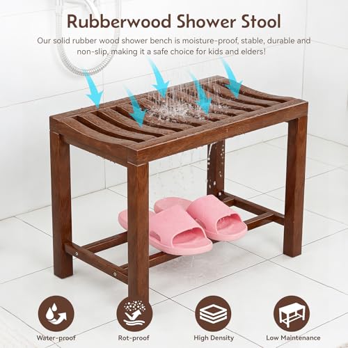 Rubber Wood Shower Bench, Non-Slip Waterproof Wooden Shower Stool for Adults & Elderly, Sturdy Bath Seat for Inside Shower or Tub – 24.02" D x 14.96" H x 6.3" W - size: 24.02"
