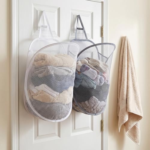 2 Pcs Hanging Laundry Basket,Small Hanging Laundry Bag,Wall-Mounted,for Space-Saving Closet, Dorm & Bathroom Organization – White & Gray Set