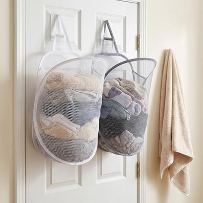 2 Pcs Hanging Laundry Basket,Small Hanging Laundry Bag,Wall-Mounted,for Space-Saving Closet, Dorm & Bathroom Organization – White & Gray Set