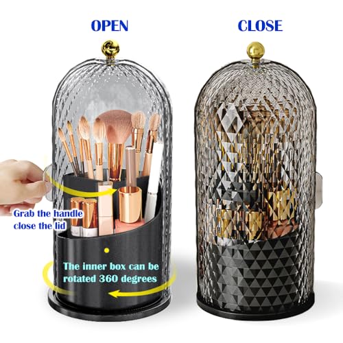 Makeup Brush Holder with Lid, 360 Rotating Multifunction Clear Dustproof Skincare Cosmetic Tools Storage Organizer for Vanity Desktop Bathroom Countertop (Black) - color: Black