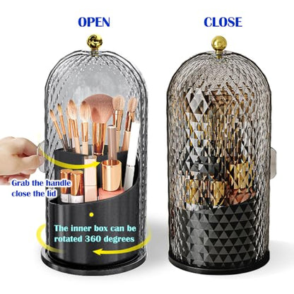 Makeup Brush Holder with Lid, 360 Rotating Multifunction Clear Dustproof Skincare Cosmetic Tools Storage Organizer for Vanity Desktop Bathroom Countertop (Black) - color: Black