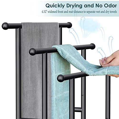 Kayfia 40'' Freestanding 3 Tier Alloy Steel Towel Rack with Storage Basket | Dual-Use Drying & Display Rack, Holds Oversized Bath Towels & Blankets, Fits Bathroom, Tub, Shower, Poolside, Black
