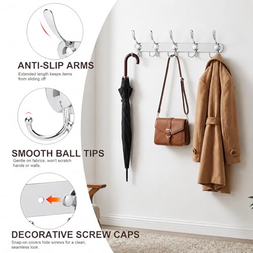 YUNISS Coat Rack Wall Mounted，5 Tri Stainless Steel Coat Hook for Coat Hat Robes Towel in Mudroom Entryway (Sliver, 2 Pack 5 Hook) - color: Sliver, size: 2 Pack 5 Hook